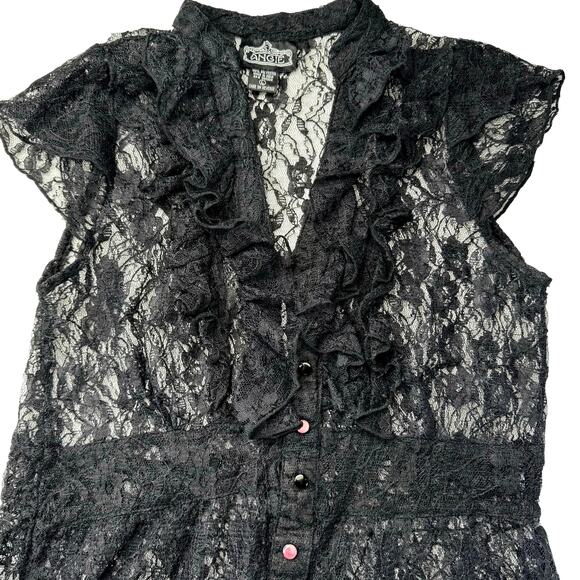 Black Lace Top Med Sheer Ruffles Romantic Goth Y2K Victorian Vampcore Angie - Picture 1 of 8